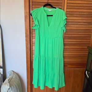 THML Vibrant Green Midi Dress with Ruffle Sleeves